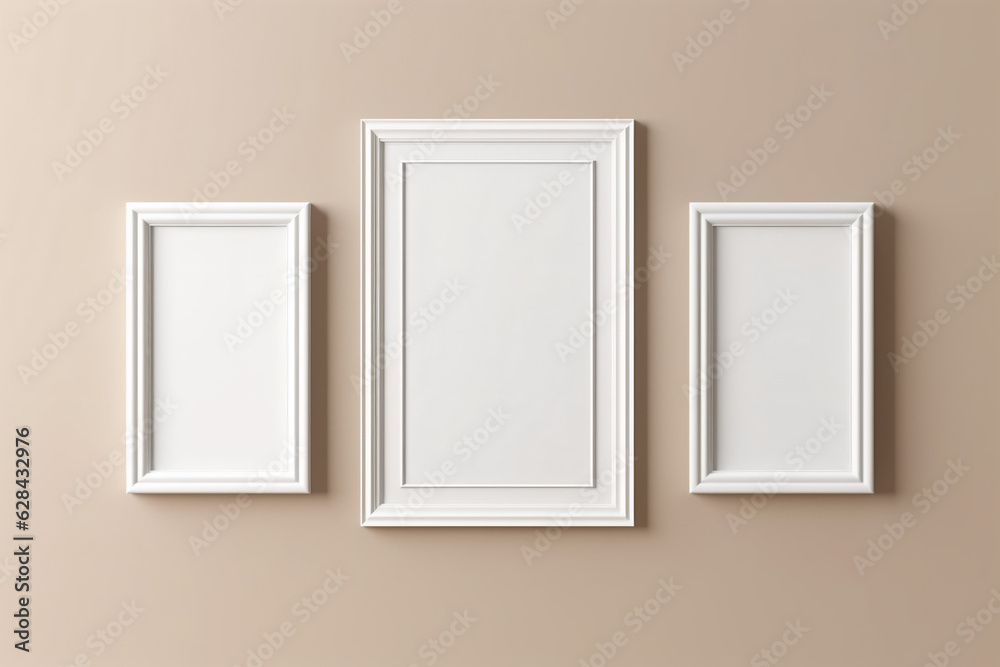 Picture frame mockup. Set of three vertical white frames on beige neutral wall background. Picture frame mockup. Set of three vertical white frames on beige neutral wall background.