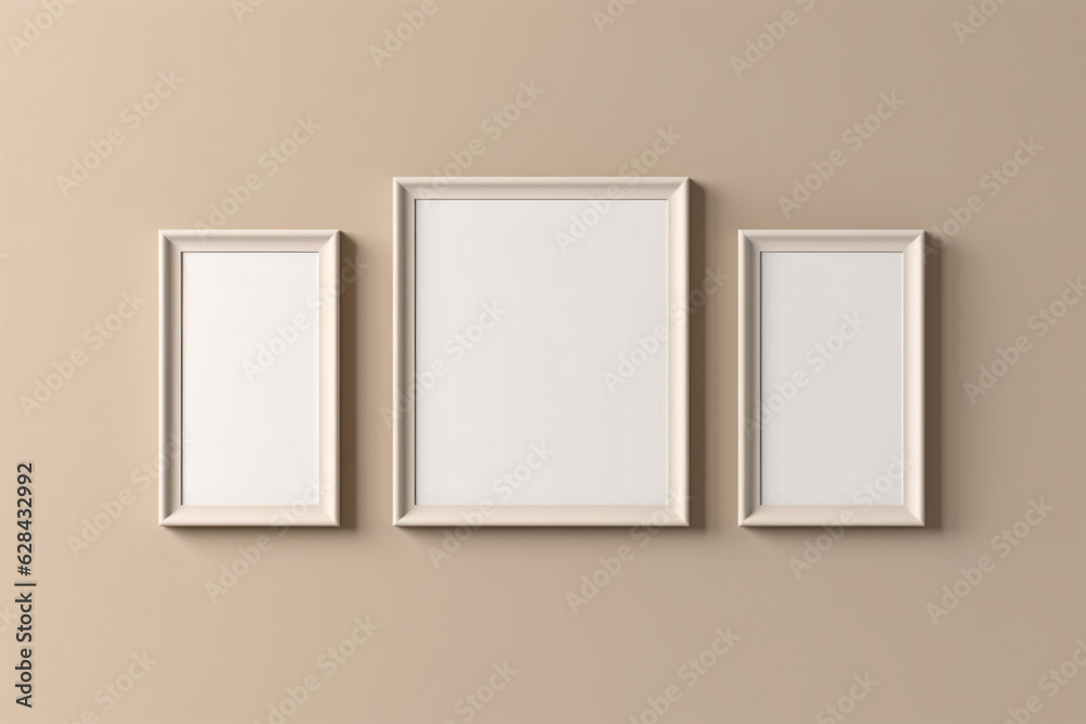 Picture frame mockup. Set of three vertical white frames on beige neutral wall background. Picture frame mockup. Set of three vertical white frames on beige neutral wall background.