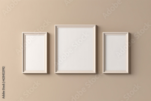 Picture frame mockup. Set of three vertical white frames on beige neutral wall background.