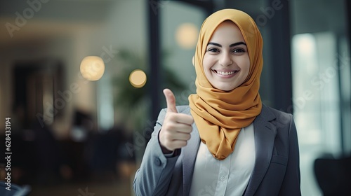 portrait of a woman in a suit giving thumbs up
