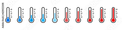 Thermometer icon. Temperature thermometer icon collection. Weather thermometer icon or sign. Stock vector photo
