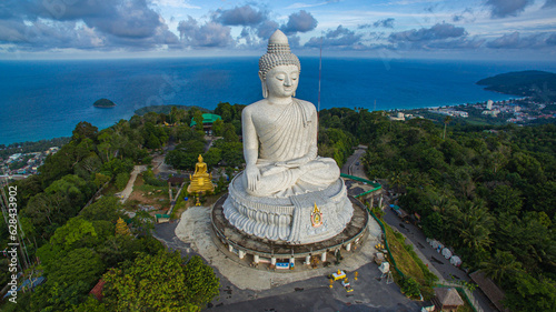 aerial view blue cloud over the Phuket big Buddha..Phuket Big Buddha another tourist attraction of Phuket..nature cloudscape sky and blue sea creative nature and travel concept.