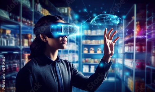 person wearing vr glass, virtual reality headsets and using virtual assistant or panel interface hologram transparent for shopping product. technology development. Generative AI