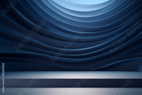 ペーパークラフト風背景。天井から光がふりそそぐ青い曲線的な壁がある抽象的な空間。AI生成画像