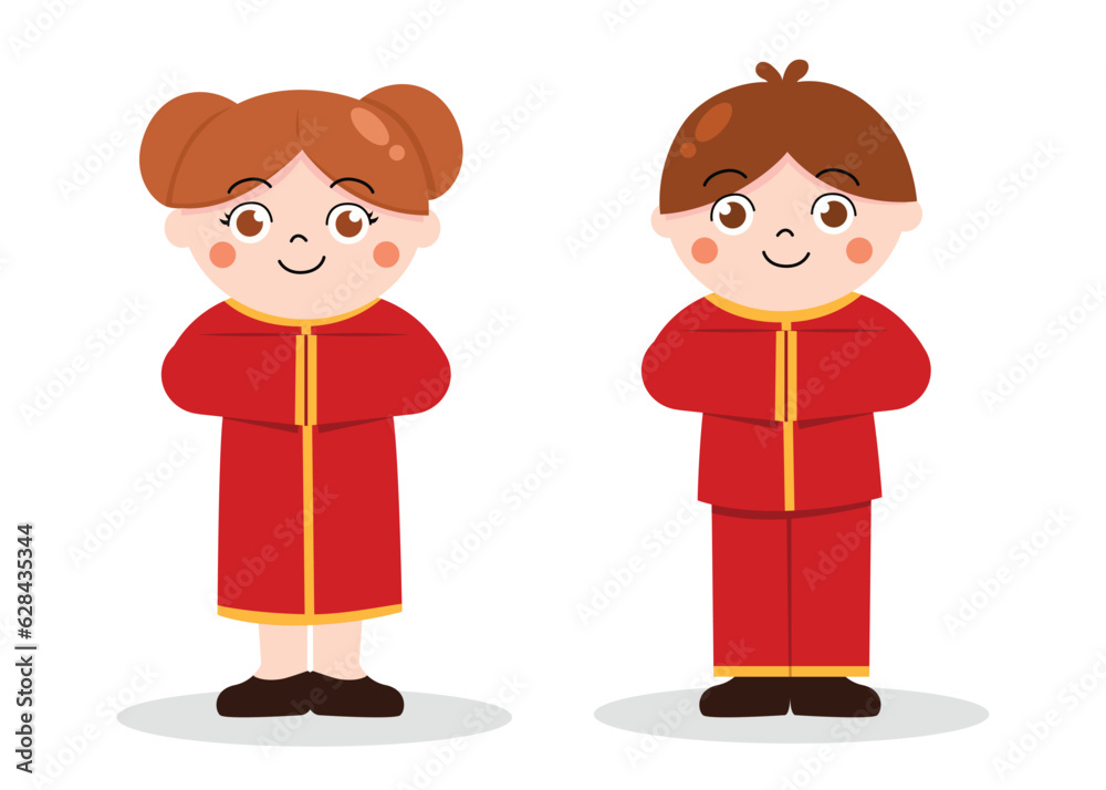 Girl and boy cartoon wearing Chinese outfit for illustration. Happy Chinese New Year