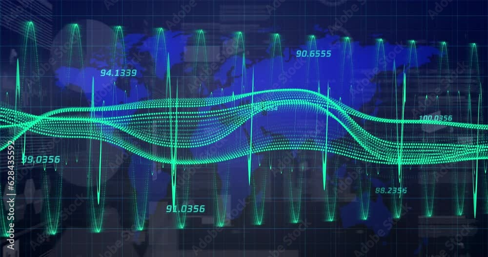 Animation of dots forming wave patterns and numbers over digital map
