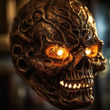 A captivating close-up of a spooky Halloween mask, perfectly illuminated by accent lighting, highlighting its intricate details and macabre allure.