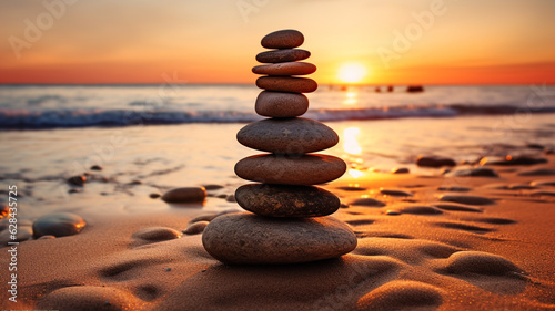 Stones pyramid on sand symbolizing zen harmony balance