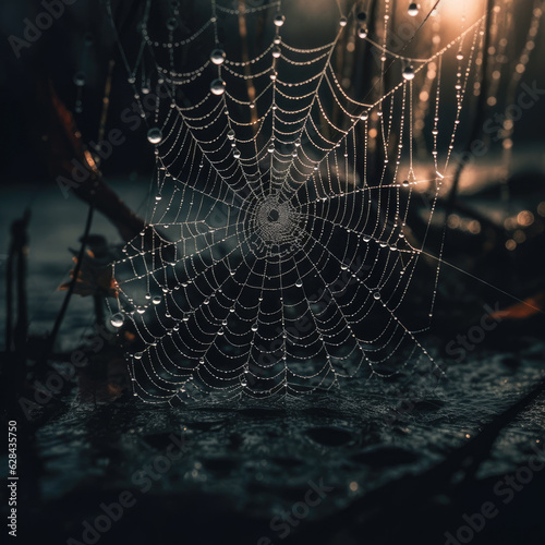 A dark and atmospheric shot of a spiderweb adorned with dewdrops, perfectly illuminated by accent lighting, creating a chilling and mesmerizing effect