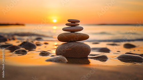Stones pyramid on sand symbolizing zen  harmony  balance