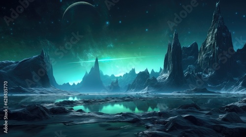 Alien Planet - Fantasy space Landscape. Surreal Cosmic background. Digital art. AI illustration..