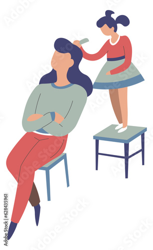 Daughter playing with mom, brushing hair vector © Sonulkaster