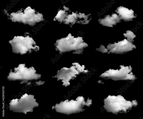 Set of white clouds or fog for design isolated on black background. 