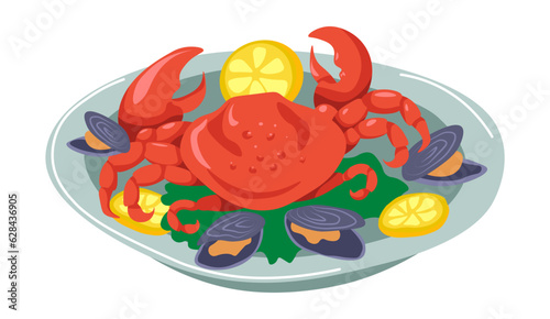 Seafood dish, crab with mussels and lemon slices