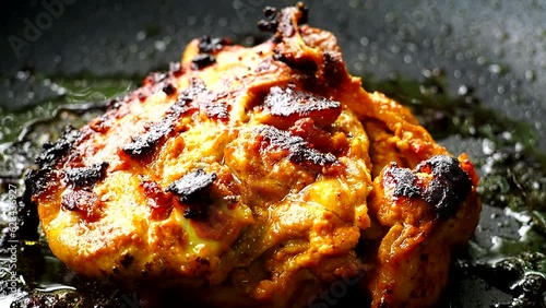 Frying tandoori chicken  in pan , in door  Chiangmai  Thailand
