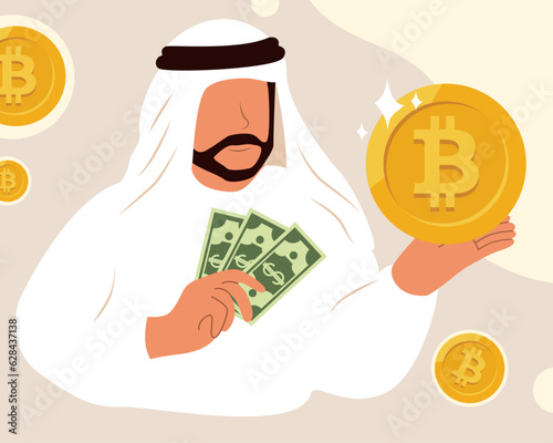 Arab muslim man investor trader cryptocurrency blockchain bitcoin and dollar banknote. Digital currency exchange, finance, digital money market, online money transfer. Vector illustration