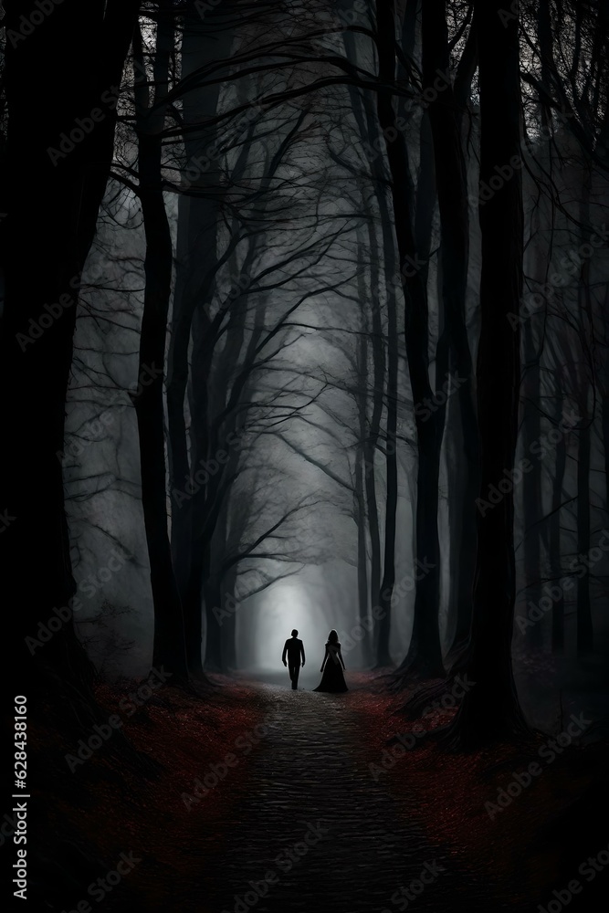 A scary night scene of a dark forest with a silhouette of a figure walking on a deserted path between the trees.