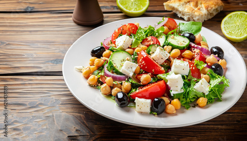 Greek salad with chickpea on wooden background