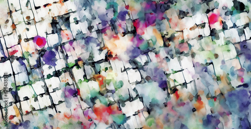 illustrazione con ripetizione di struture geometriche irregolari e chiazze di colori ad acqua diffusi su carta photo