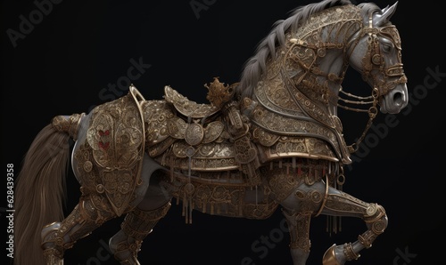 The majestic anthropomorphic horse gallops fearlessly  adorned in shining military armor.