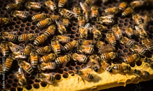 Bees swarm around the honeycomb, a bustling symphony of organized chaos.