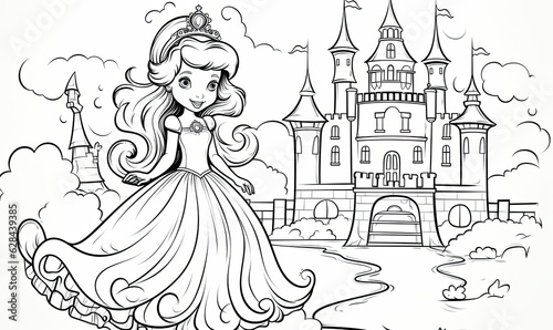 Enhance the line art of the cartoon princess and castle for coloring.