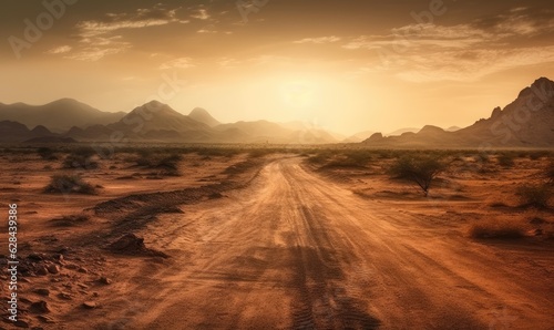 Breathtaking sunset colors paint the desert landscape with an endless road. © uhdenis
