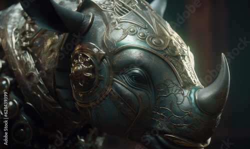 Clad in sturdy military armor  the anthropomorphic rhinoceros stands as a symbol of strength.