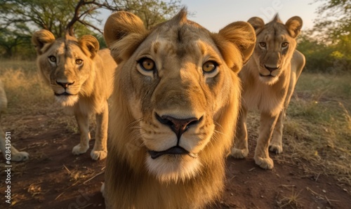 Majestic lion takes a selfie, showcasing its powerful mane.