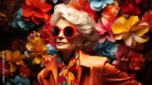 Amid Berlin's heartbeat, an elder hipster fashion woman flourishes. Her vibrant attire mirrors her spirit, large sunglasses , a tribute to unique individuality and confidence. Vibrant. Generative AI