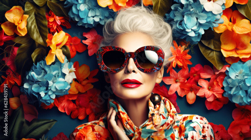 Amid Berlin's heartbeat, an elder hipster fashion woman flourishes. Her vibrant attire mirrors her spirit, large sunglasses , a tribute to unique individuality and confidence. Vibrant. Generative AI © neo