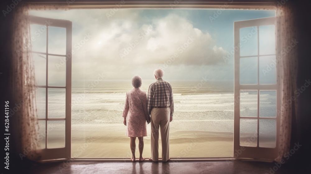 Generative AI, A senior couple looking to the ocean or sea, having fun at the beach Generative AI, A senior couple looking to the ocean or sea, having fun at the beach