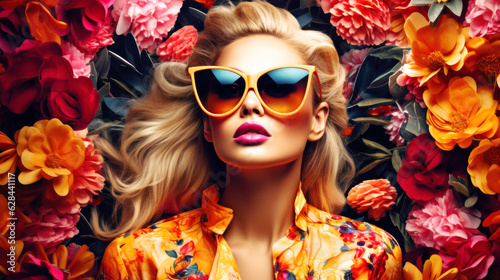 In tropical hues  a stylish young woman dons enormous sunglasses  her look imbued with undeniable summer vibes and daring fashion spirit. Generative AI
