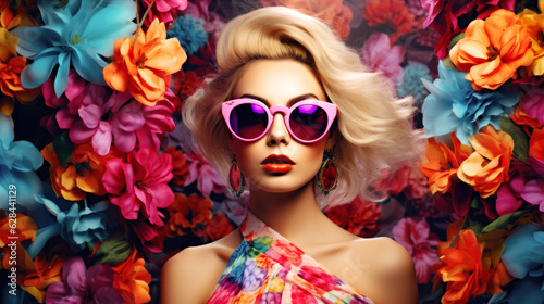 In tropical hues, a stylish young woman dons enormous sunglasses, her look imbued with undeniable summer vibes and daring fashion spirit. Generative AI © neo