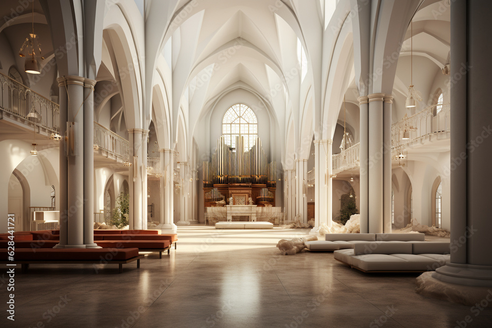 the acoustics of a church space, using sound recordings and spatial design to recreate the experience of being enveloped by the harmonious melodies and reverberations within a chur Generative AI