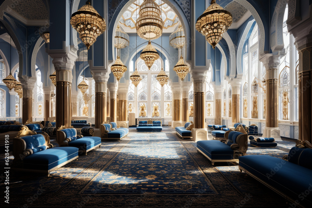 the magnificent architectural features of a mosque, such as minarets, domes, and intricate geometric patterns, showcasing the splendor and grandeur of the building. Generative AI