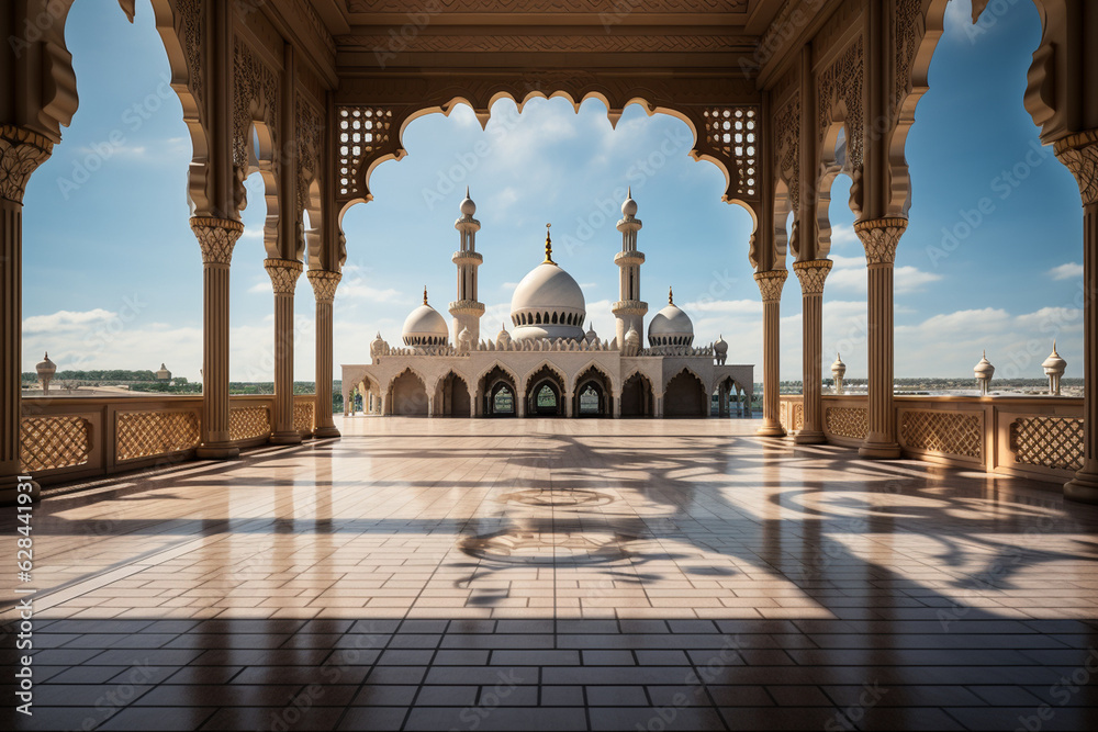 the magnificent architectural features of a mosque, such as minarets ...