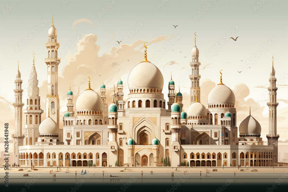 the unique elements and design of different mosques from various regions and historical periods, highlighting the diversity and beauty of mosque architecture. Generative AI