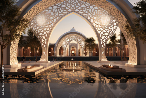 combining Arabic script, traditional motifs, and modern elements to explore the fusion of tradition and contemporary culture within the context of a mosque, reflecting the evolving Generative AI