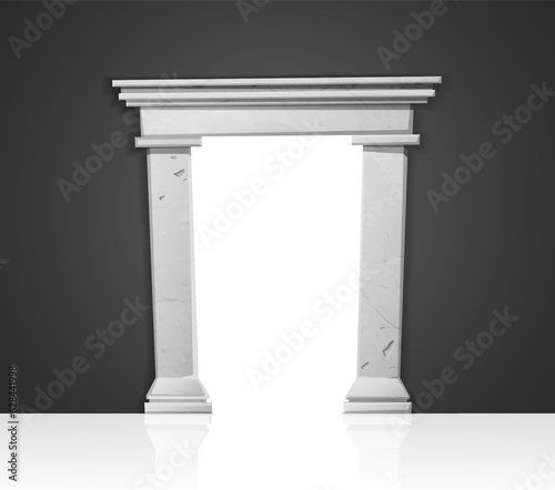 Square white stone antique greek arch portal  on gray wall.