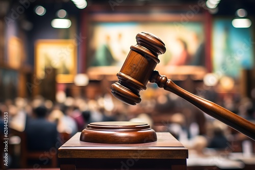 Photo An auctioneer's gavel striking the stand with high-priced artwork selling in the