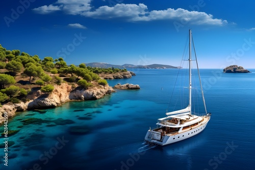 Panoramic view of a luxury yacht confidently sailing in the sparkling Mediterranean Sea, symbolizing wealth and the joys of affluent living