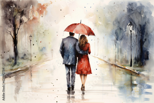 Couple walking in the rain holding hands, watercolor. AI generation