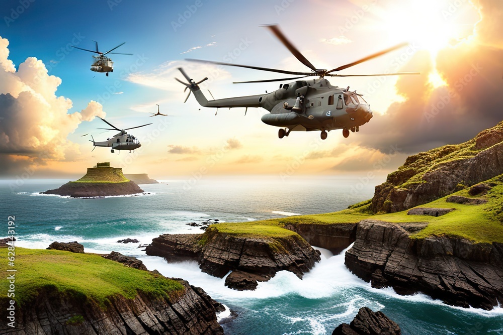 Military helicopter flying in sky over sea during military operation Navy helicopter flying in warzone, AI Generated