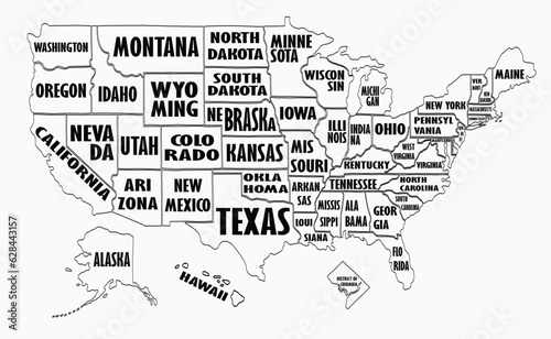 United States of America map with state's name freehand drawing.