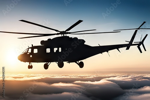 Military helicopter flying in sky over sea during military operation Navy helicopter flying in warzone, AI Generated photo