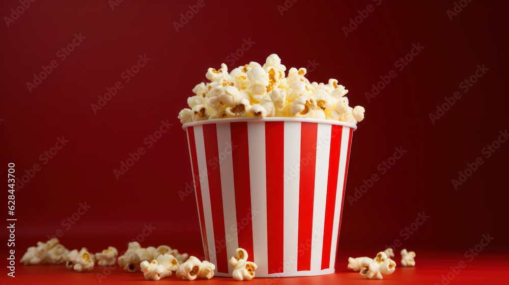 Red and white popcorn bucket  with popcorn empty background, , place for text, dark red bokeh blur background