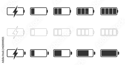 Battery icons set isolated on transparent background. Battery charge indicator icons. Battery set for design easily editable line art.  Vector stock illustration.