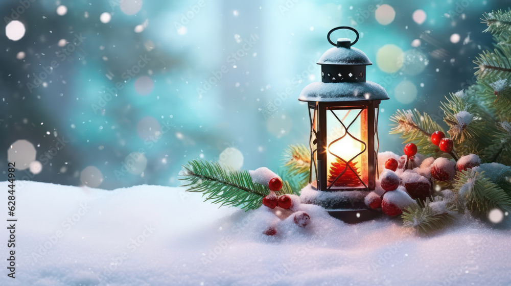 Christmas lantern on snow with fir branch in the blur forest. Blurred bokeh background. Winter decoration wallpaper. Christmas lantern on snow with fir branch in the blur forest. Blurred bokeh background. Winter decoration wallpaper.