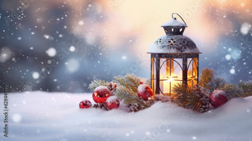 Christmas lantern on snow with fir branch in the blur forest. Winter decoration background.